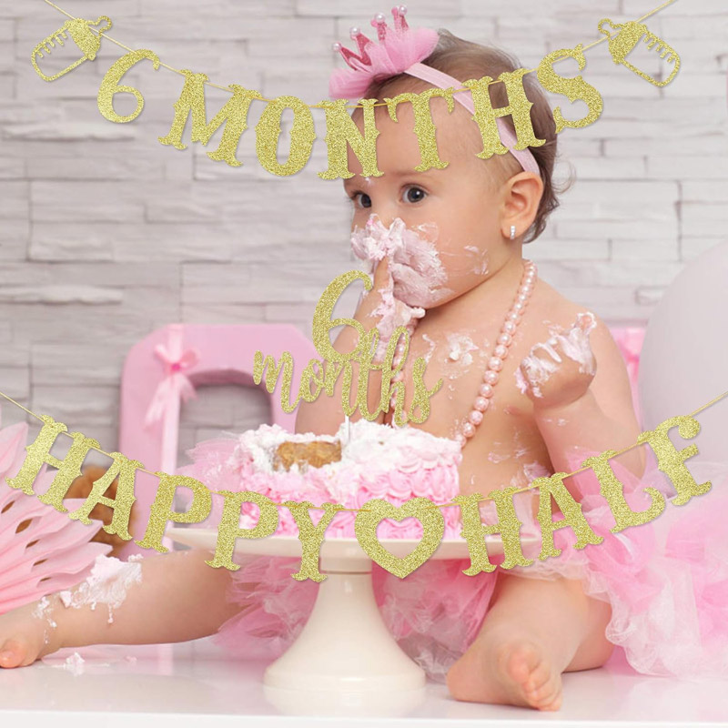Banner 6 Bulan Happy Half Bann - Party Banner Gold ulasan dan harga